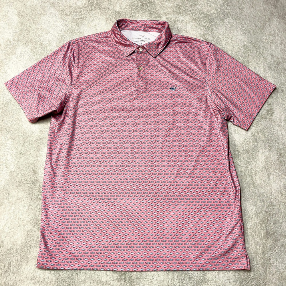 Vineyard Vines Performance Polo Pink Blue Fish Print AOP Golf Spandex Mens Large